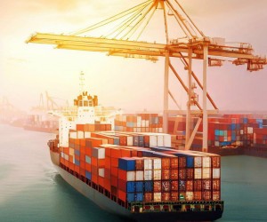 Sea cargo container loading at port